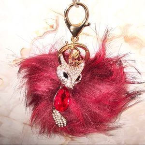 Faux Fur PomPom w/Rhinestone Fox Pendant Keychain